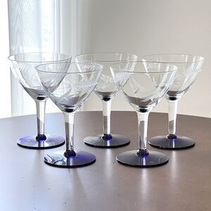 Vintage Champagne Glasses Tall Sherbets 5 1/4" Weston Cobalt Blue Footed (5)